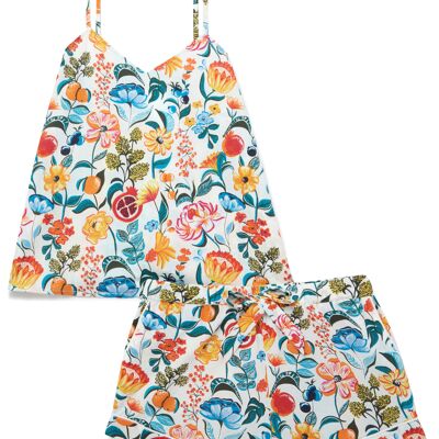 Damen-Cami-Shorts-Set aus Bio-Baumwolle – Blumenmuster auf Weiß