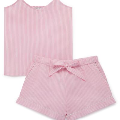 Conjunto corto de camisola de algodón orgánico para mujer - Rayas rosas y blancas