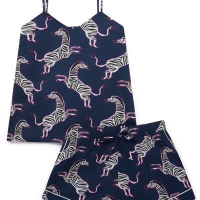 Conjunto corto de camisola de algodón orgánico para mujer - Cebra rosa sobre azul marino