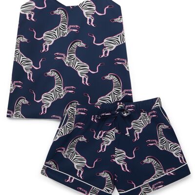 Conjunto corto de camisola de algodón orgánico para mujer - Cebra rosa sobre azul marino