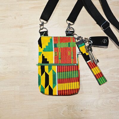 Sac de téléphone fait main et ensemble de porte-clés | Tissu imprimé africain Ankara | Détail en cuir végétalien | Bandoulière réglable