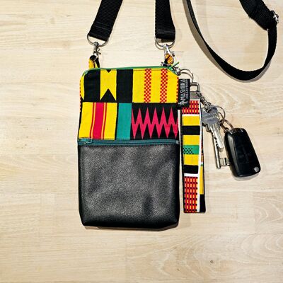 Handmade Phone Bag and Keyfob Set  | African Ankara Print Fabric | Vegan Leather Detail | Adjustable Shoulder Strap