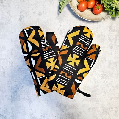 Set aus 2 handgefertigten „Mudcloth“ Bogolan-Druck-inspirierten afrikanischen Druck-Ofenhandschuhen