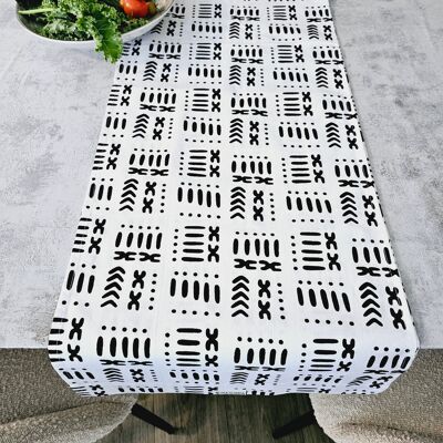Handgefertigter Tischläufer mit afrikanischem Druck „Mudcloth“, Bogolan-inspirierter Druck, hergestellt aus 100 % afrikanischem Druckstoff