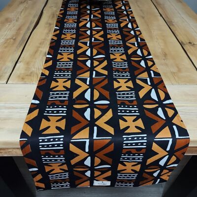 Runner da tavolo con stampa ispirata a Bogolan con stampa africana fatta a mano, realizzato in tessuto stampato africano al 100%.