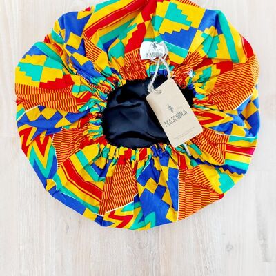Grand bonnet de sommeil doublé en satin imprimé « Mudcloth » africain pour femmes | Bonnet de couchage