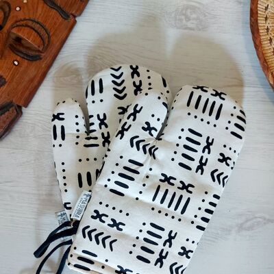 Set di 2 guanti da forno con stampa africana ispirati alla stampa Bogolan "Mudcloth" fatti a mano