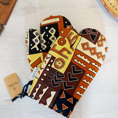Ensemble de 2 gants de four imprimés africains inspirés de l’impression Bogolan « Mudcloth » faits à la main