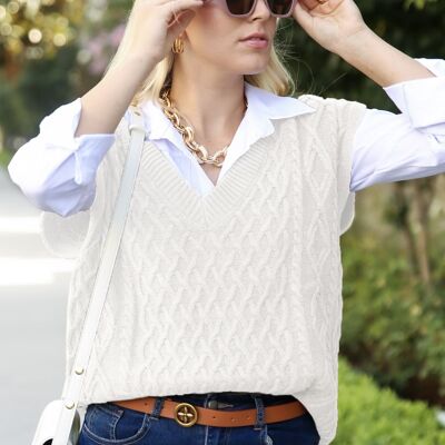 Oversized Cable Knit Sweater Vest Ribbed V Neck-Off-White