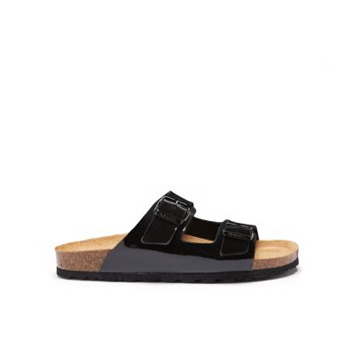 ALBERTO two-band slipper in black eco-leather for women. Supplier code MD6050