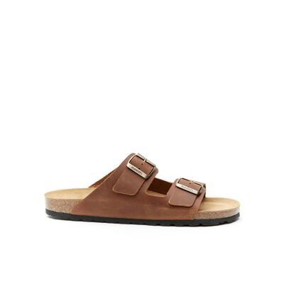 ALBERTO two-band slipper in brown leather for MEN. Supplier code MD6063