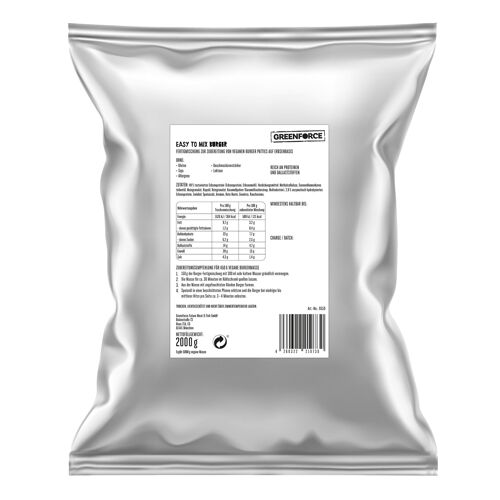 Unverpackt 2000g | Vegane Burger | Fleischersatz von GREENFORCE 2,0Kg | pflanzliches Burger Pulver auf Erbsenbasis | Glutenfrei, Proteinreich & Vegan aus Erbsen