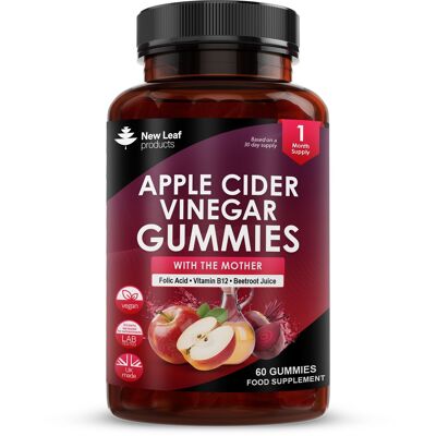 Apple Cider Vinegar Gummies with The Mother 1000mg Enhanced with Vitamin B12 & Folic Acid