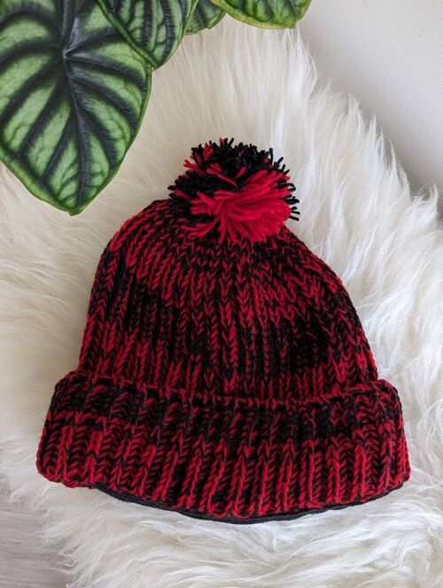Fisherman's Rib Knit Beanie Hat - Red/Black
