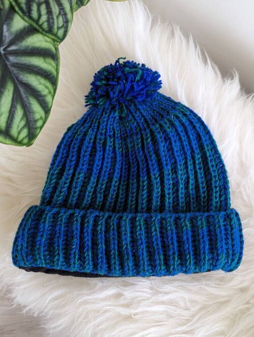 Fisherman's Rib Knit Beanie Hat - Blue/Green