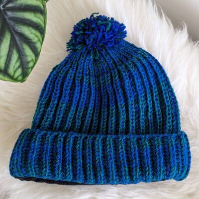 Cappello berretto lavorato a maglia a coste da pescatore - blu/verde