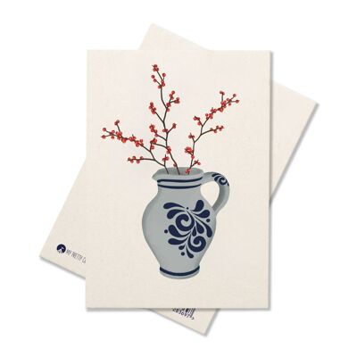 Postal Bembel con arbusto Ilex - tarjeta estable de cartón molido con un jarrón de Hesse Bembel