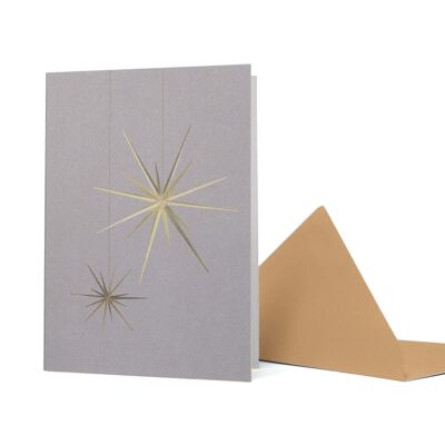Weihnachtskarte "Stern Ornamente" - goldener Baumschmuck vor hellbraunem Hintergrund