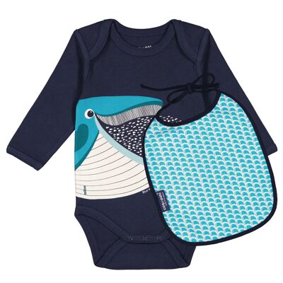 Set body manches longues et bavoir bébé Baleine | Cadeau de naissance