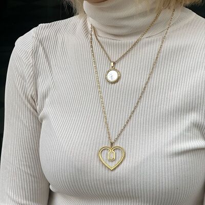 Long Gold Necklaces, Stainless Steel Chains Necklaces, Gold Layering Necklaces, Heart Necklace, Disc Necklace, Heart Pendant, Gift for Her.