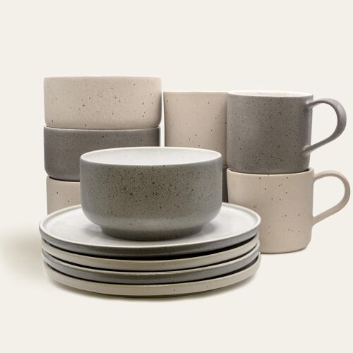 Brunch-Set Mixed - Granit Grau & Cappuccino Beige  (Teller, Schüssel, Tasse) - EDDA stoneware - Geschirrset - Steingut - Made in Portugal - Raised in the ALPS