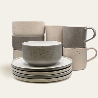 Set brunch misto - grigio granito e beige cappuccino (piatto, ciotola, tazza) - gres EDDA - set di stoviglie - gres - Prodotto in Portogallo - Raised in the ALPS