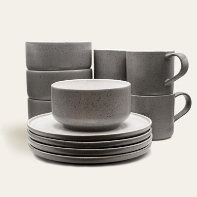 Brunch set Ddoria - Granite Gray (plate, bowl, cup) - EDDA stoneware - Tableware set - Stoneware - Made in Portugal - Raised in the ALPS