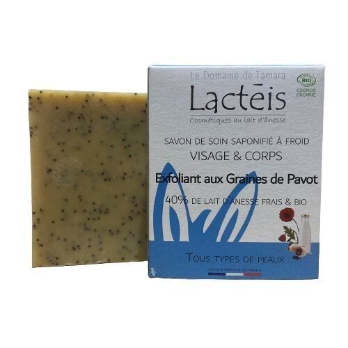 COSMOS ORGANIC soap with 40% fresh and ORGANIC donkey milk - Cold saponified - Exfoliating with poppy seeds