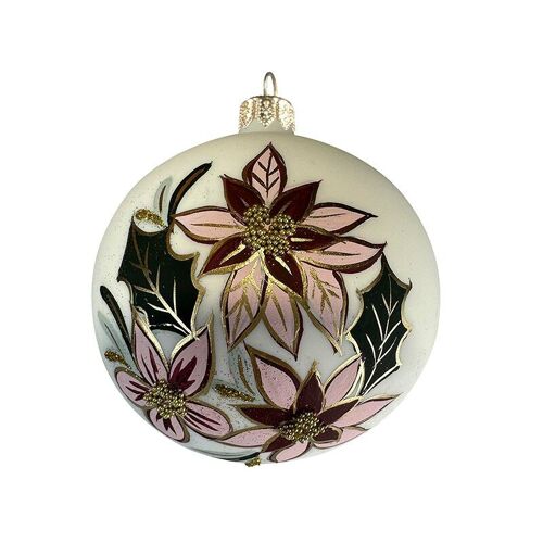 Christmas glass ornament - Cream/green/pink poinsettias - made in Europe