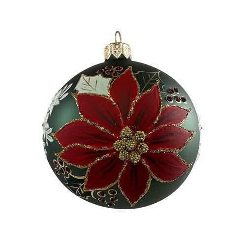 Christmas glass ornament -  Green/red poinsettia - made in Europe
