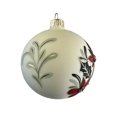 Christmas glass ornament - Cream/green/red poinsettias - made in Europe