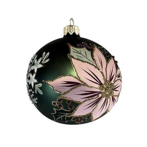 Christmas glass ornament - Green/pink poinsettia - made in Europe