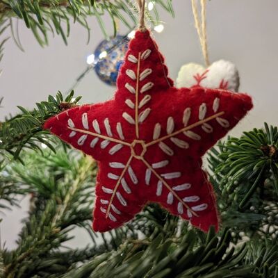 Estrella de Navidad Bordada en Fieltro - Rojo