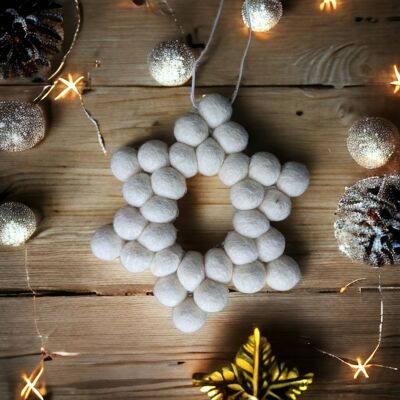 Decorazione stella di Natale in feltro bianco pom pom fatto a mano