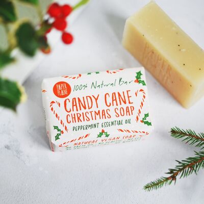 Barra de jabón navideña 100% natural vegana con bastón de caramelo y menta