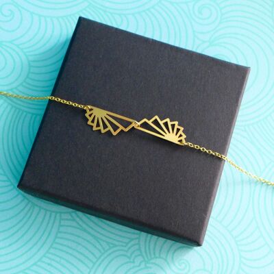 Art Deco origami-style geometric fan bracelet in gold-plated brass, graphic jewel