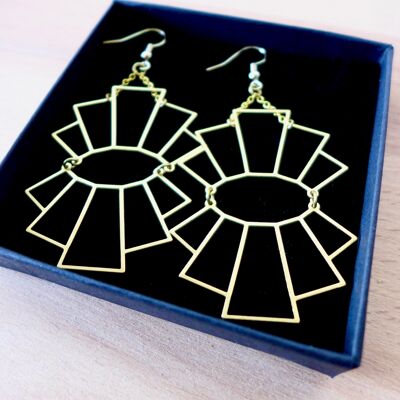 Large golden Art Deco graphic fan earrings