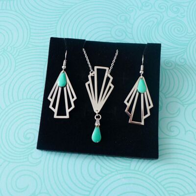Silver Art Deco jewelry set turquoise art deco graphic fan necklace necklace