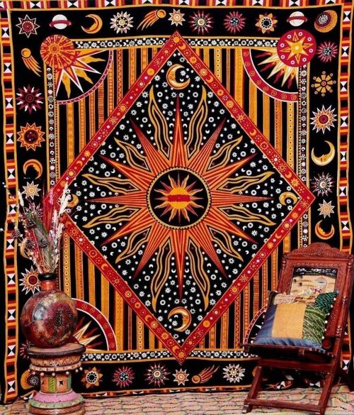 Aakriti Cotton Mandala Tapestry Wall Hanging Bohemian Bedspread Tapestries for Living Room, Home Décor - Orange (L 235 x W 210 Cm), (L92 x W 82 In)