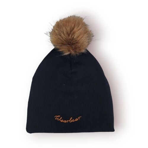 BEANIE hat with pompom Black- 'EMBROIDERY'