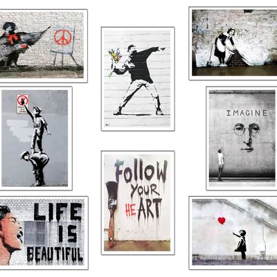 Banksy decorative prints and paintings set, digital prints on wood and high quality paper