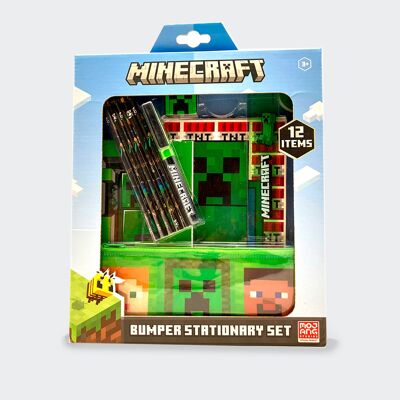 Minecraft-Briefpapier-Set. A5-Notizbuch, Notizbuch, Etui, Buntstifte, Stift, Radiergummi, Spitzer und Lineal.