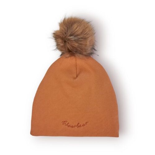 BEANIE hat with pompom Caramel- 'EMBROIDERY'