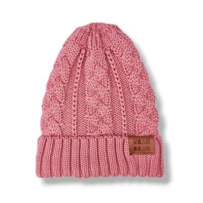 Bonnet Mérinos Tricot Tressé Rose