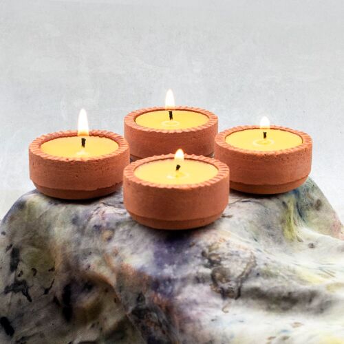 Set of 4 - Clay Pot DIYA BEESWAX Candles, diwali tealight set, Traditional Indian Terracotta Clay Pots