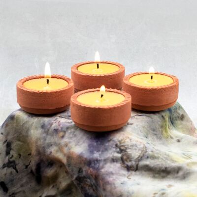 4er-Set – Tontopf DIYA Bienenwachskerzen, Diwali-Teelicht-Set, traditionelle indische Terrakotta-Tontöpfe