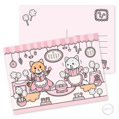A5 postcard with cotton candy stall and cute animals