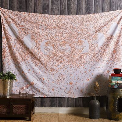Aakriti Cotton Mandala Tapestry Wall Hanging Bohemian Bedspread Tapestries for Living Room, Home Décor - White & Orange (L 235 x W 210 Cm), (L 92 x W 82 In)