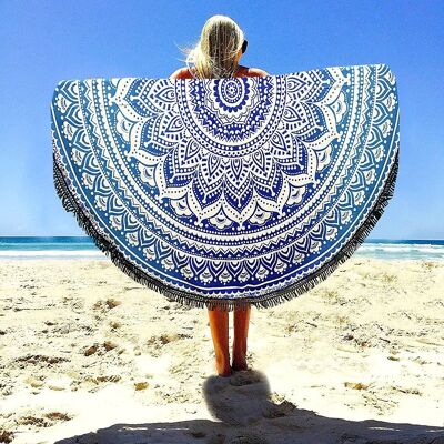 Aakriti Gallery Indian Mandala Round Roundie Beach Throw Tapestry Hippy Boho Gypsy Cotton Tablecloth Beach Towel, Round Yoga Mat Beach Round Shawl,  Beach Leisure, Picnic Mat 100% Cotton Blue Color ( 72 Inch, 183 Cm)