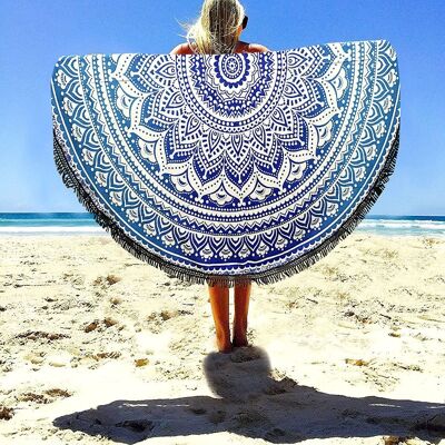 Aakriti Gallery Indian Mandala Round Roundie Beach Throw Tapestry Hippy Boho Gypsy Cotton Tablecloth Beach Towel, Round Yoga Mat Beach Round Shawl,  Beach Leisure, Picnic Mat 100% Cotton Blue Color ( 72 Inch, 183 Cm)